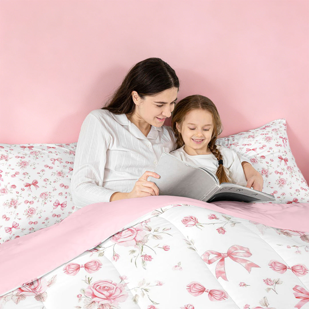 meiyoeat Pink Cute Flowers 7 Pieces Full Size Bedding Sets For Girls,Kawaii Coquette Bowknot Full Size Bed in a Bag For Kids,Pink Reversible