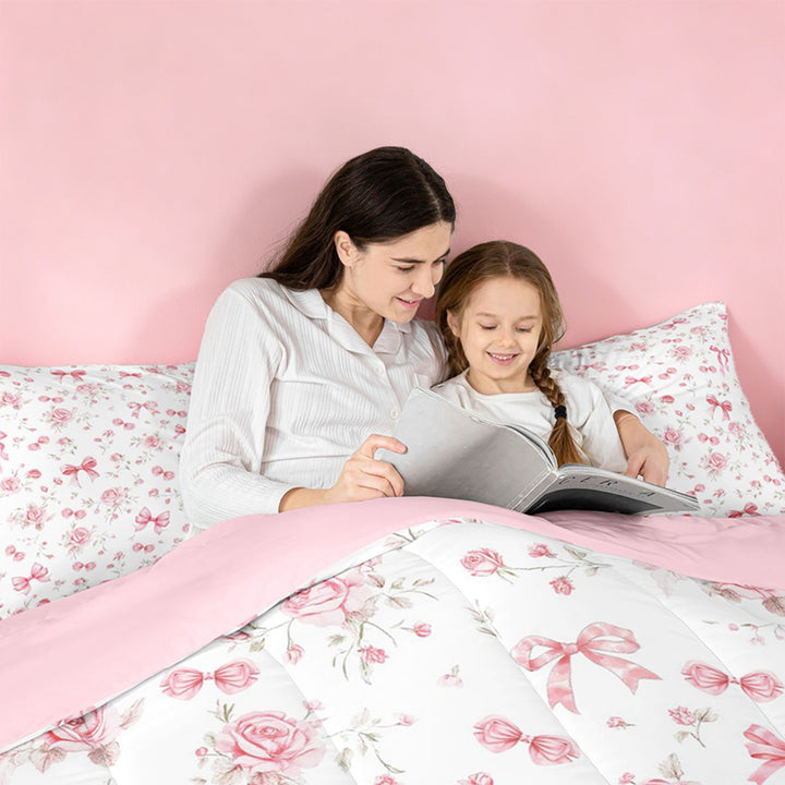 meiyoeat Pink Cute Flowers 7 Pieces Full Size Bedding Sets For Girls,Kawaii Coquette Bowknot Full Size Bed in a Bag For Kids,Pink Reversible