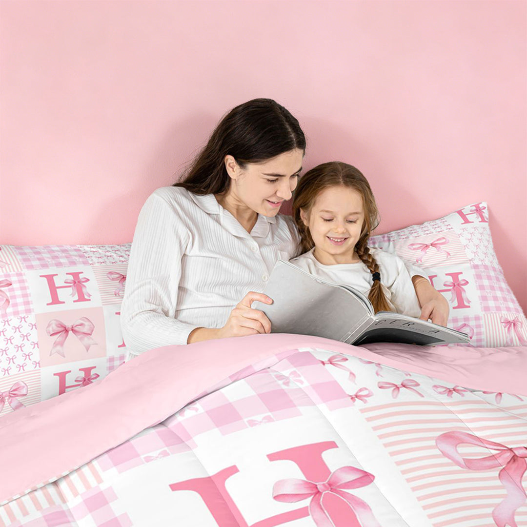 meiyoeat Modern Geometric Plaid Full Size Comforter Sets For Kids,Pink Coquette Bow Initial Letter H Bedding Comforter Set,Pink Reversible,3pcs
