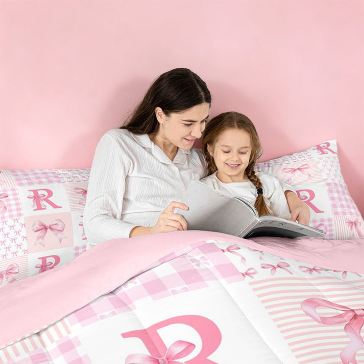 meiyoeat Abstract Geometric Plaid Buffalo 7 Pieces Full Size Bedding Sets,Girly Bows Monogrammed R Full Size Bed in a Bag For Kids,Pink Reversible