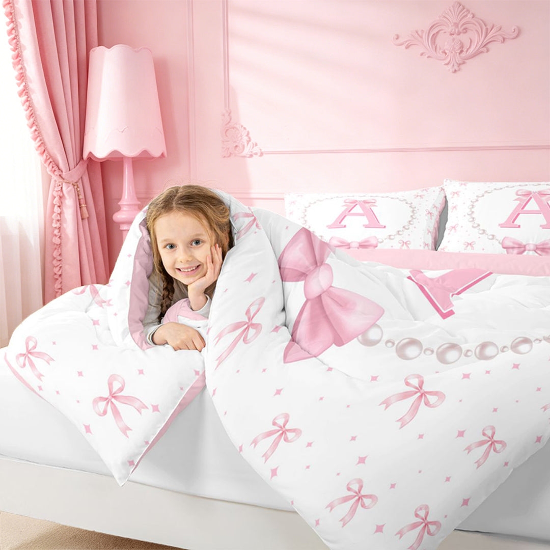 meiyoeat Bow Letter Print A 7 Pieces Full Size Bedding Sets For Girls,Girly Pink Bowknot Full Size Bed in a Bag For Kids,Pink Reversible