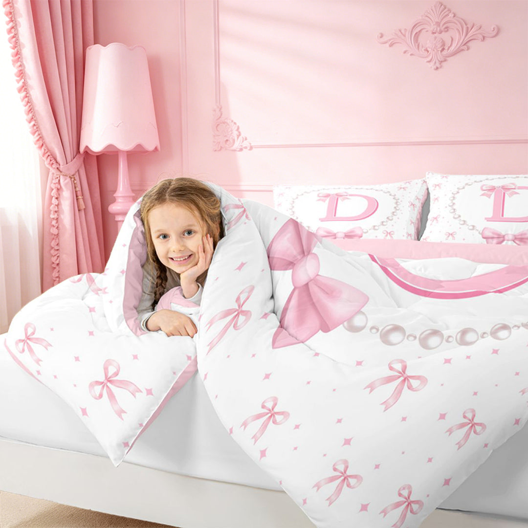 meiyoeat Ribbon Letter Print D 7 Pieces Full Size Bedding Sets For Kids,Fashion Women Pearl Necklace Full Size Bed in a Bag,Pink Reversible