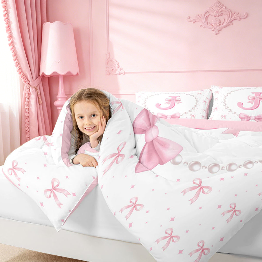 meiyoeat Pink Cute Bowknot Full Size Comforter Sets For Girls,Kawaii Bowtie Monogrammed J Bedding Comforter Set For Kids,Pink Reversible,3-Piece