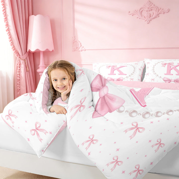 meiyoeat Cute Coquette Bowknot 7 Pieces Full Size Bedding Sets For Kids,Pink Ribbon Bow Initial Letter K Full Size Bed in a Bag,Pink Reversible