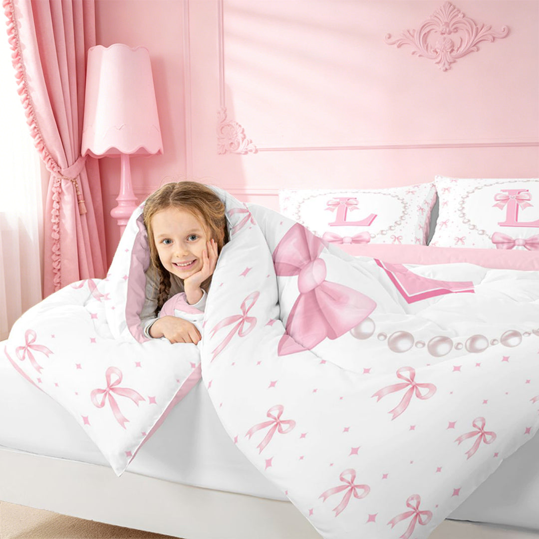 meiyoeat Kawaii Bowtie 7 Pieces Full Size Bedding Sets For Girls,Modern Personalized Initial L Full Size Bed in a Bag For Kids,Pink Reversible