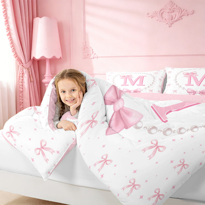 meiyoeat Chic Bow Tie 7 Pieces Full Size Bedding Sets For Bowknot Girls,Pink Initial Letter M Full Size Bed in a Bag For Kids,Pink Reversible