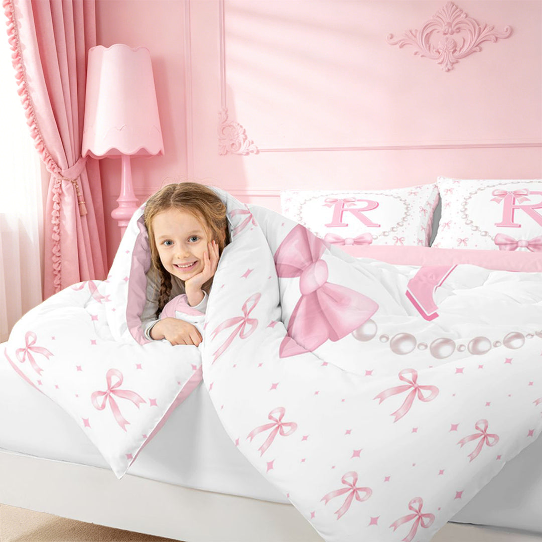 meiyoeat Fashion Women Pearl Necklace Full Size Comforter Sets,Girly Bowtie Monogrammed R Bedding Comforter Set For Kids,Pink Reversible,3pcs