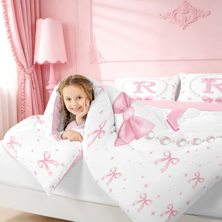 meiyoeat Fashion Women Pearl Necklace Full Size Comforter Sets,Girly Bowtie Monogrammed R Bedding Comforter Set For Kids,Pink Reversible,3pcs