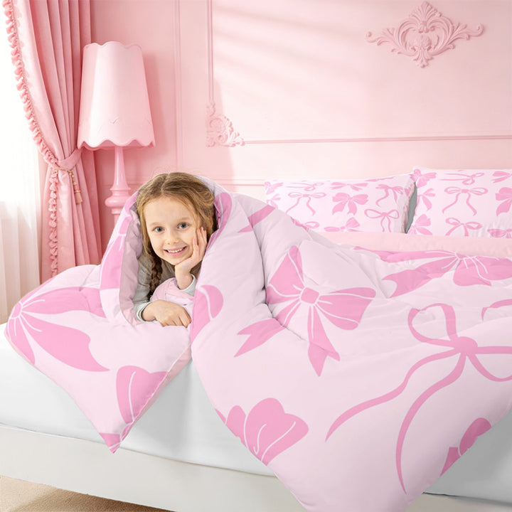 meiyoeat Pink Girly Bow Full Size Comforter Sets For Kids,Ribbon Bowknot Bedding Comforter Set For Bowtie Lovers,Pink Reversible,3-Piece
