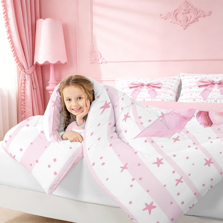 meiyoeat Pink Coquette Bow Full Size Comforter Sets For Girls,Cute Polka Dots Stars Bedding Comforter Set For Kids,Pink Reversible,3 Pieces