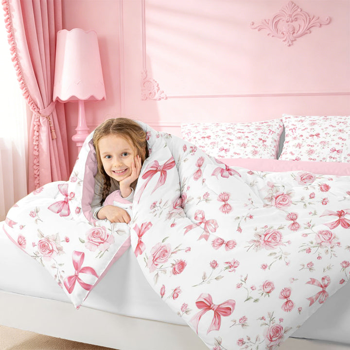 meiyoeat Pink Cute Flowers 7 Pieces Full Size Bedding Sets For Girls,Kawaii Coquette Bowknot Full Size Bed in a Bag For Kids,Pink Reversible