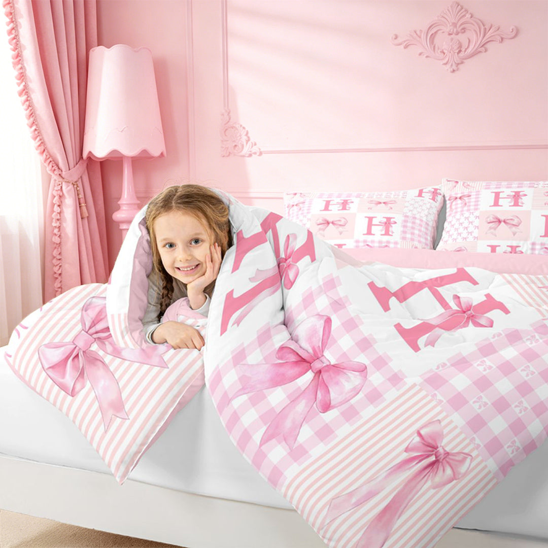 meiyoeat Modern Geometric Plaid Full Size Comforter Sets For Kids,Pink Coquette Bow Initial Letter H Bedding Comforter Set,Pink Reversible,3pcs