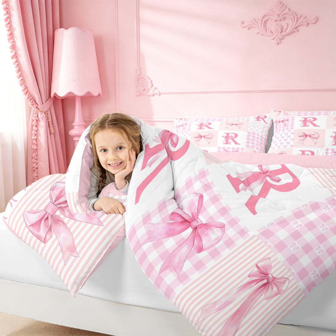 meiyoeat Abstract Geometric Plaid Buffalo 7 Pieces Full Size Bedding Sets,Girly Bows Monogrammed R Full Size Bed in a Bag For Kids,Pink Reversible