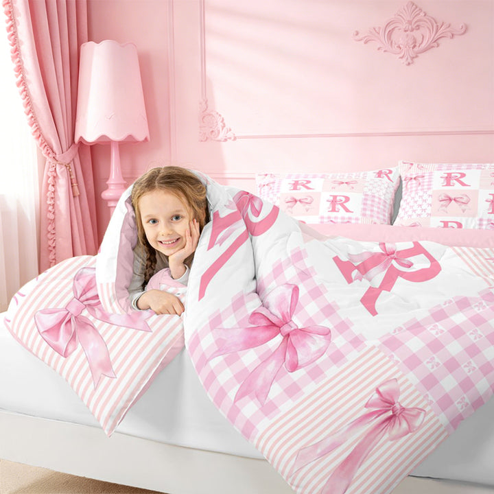 meiyoeat Abstract Geometric Plaid Buffalo 7 Pieces Full Size Bedding Sets,Girly Bows Monogrammed R Full Size Bed in a Bag For Kids,Pink Reversible