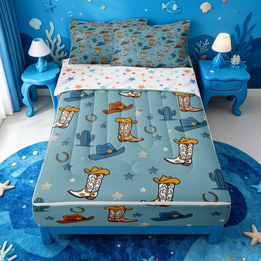 meiyoeat Blue Cowboy Cactus Zipper Full Size Comforter Sets with Fitted Sheet and 2 Pillowcases For Boys,Western Animal Pattern Zipper Bedding Set,Reversible,4-Piece