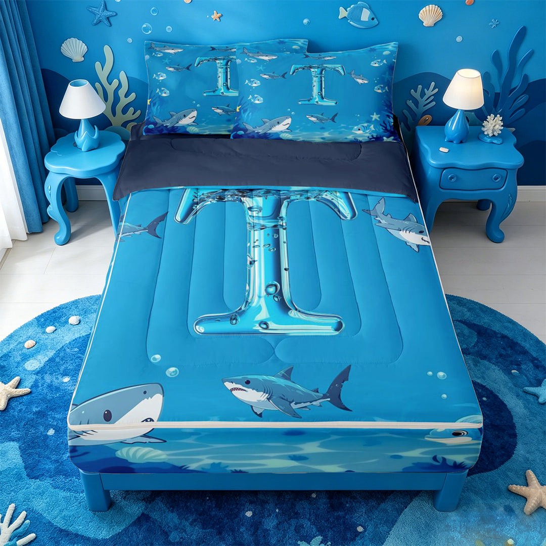 meiyoeat Water Themed Monogram T Zipper Full Size Comforter Sets with Fitted Sheet and 2 Pillowcases For Boys,Shark Ocean Initial Art Zipper Bedding Set,Navy Blue Reversible,4-Piece