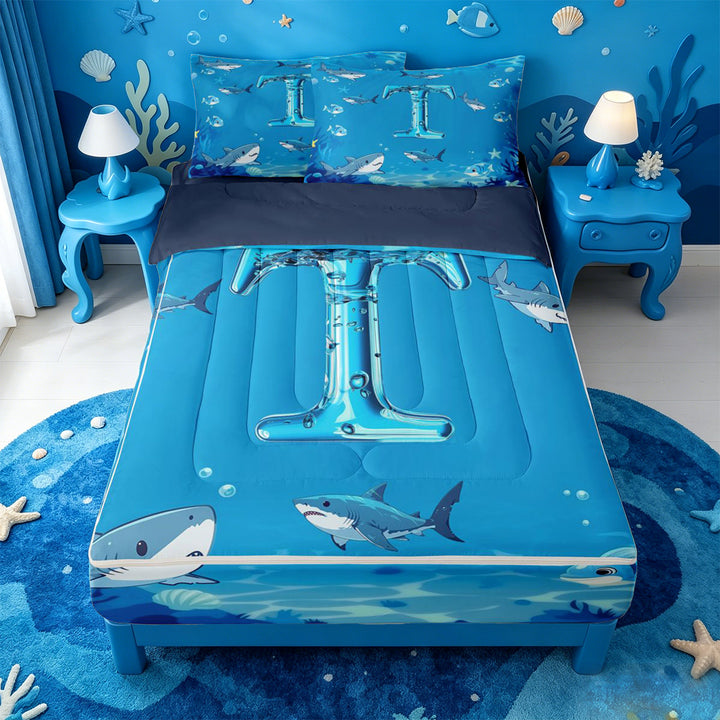 meiyoeat Water Themed Monogram T Zipper Full Size Comforter Sets with Fitted Sheet and 2 Pillowcases For Boys,Shark Ocean Initial Art Zipper Bedding Set,Navy Blue Reversible,4-Piece