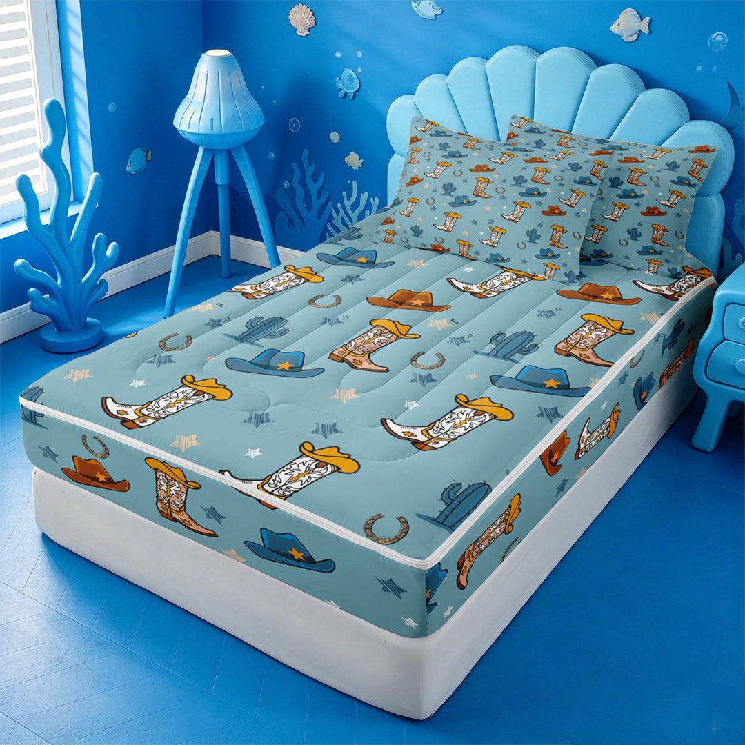 meiyoeat Blue Cowboy Cactus Zipper Full Size Comforter Sets with Fitted Sheet and 2 Pillowcases For Boys,Western Animal Pattern Zipper Bedding Set,Reversible,4-Piece