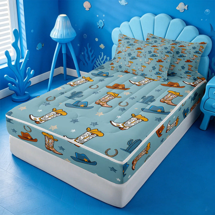 meiyoeat Blue Cowboy Cactus Zipper Full Size Comforter Sets with Fitted Sheet and 2 Pillowcases For Boys,Western Animal Pattern Zipper Bedding Set,Reversible,4-Piece
