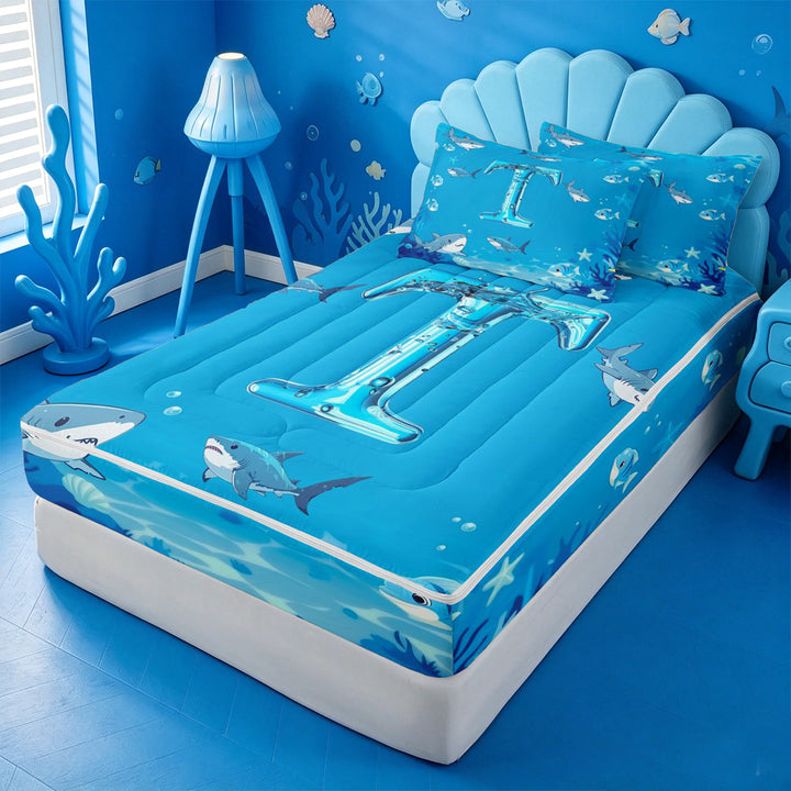 meiyoeat Water Themed Monogram T Zipper Full Size Comforter Sets with Fitted Sheet and 2 Pillowcases For Boys,Shark Ocean Initial Art Zipper Bedding Set,Navy Blue Reversible,4-Piece