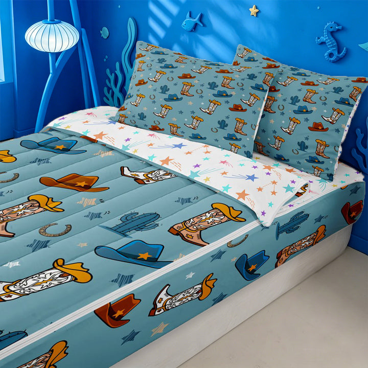 meiyoeat Blue Cowboy Cactus Zipper Full Size Comforter Sets with Fitted Sheet and 2 Pillowcases For Boys,Western Animal Pattern Zipper Bedding Set,Reversible,4-Piece