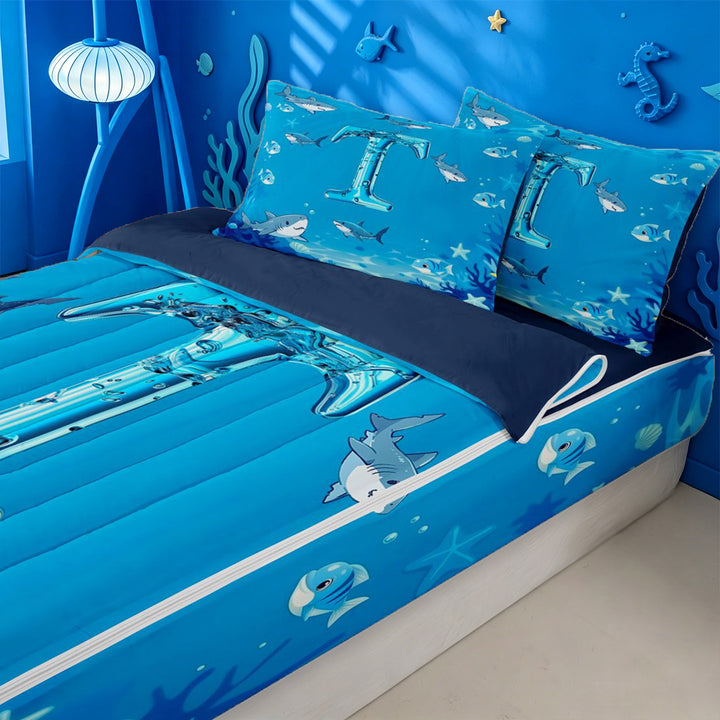 meiyoeat Water Themed Monogram T Zipper Full Size Comforter Sets with Fitted Sheet and 2 Pillowcases For Boys,Shark Ocean Initial Art Zipper Bedding Set,Navy Blue Reversible,4-Piece