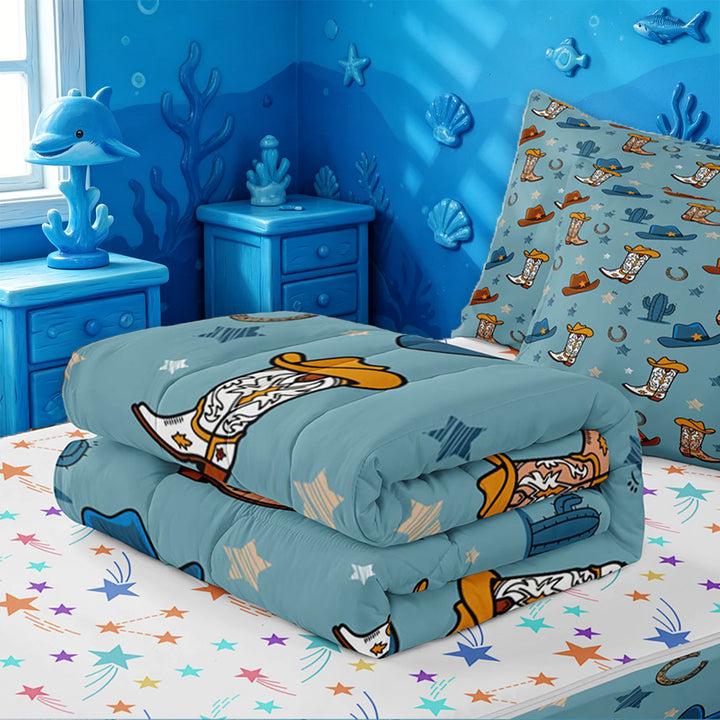 meiyoeat Blue Cowboy Cactus Zipper Full Size Comforter Sets with Fitted Sheet and 2 Pillowcases For Boys,Western Animal Pattern Zipper Bedding Set,Reversible,4-Piece