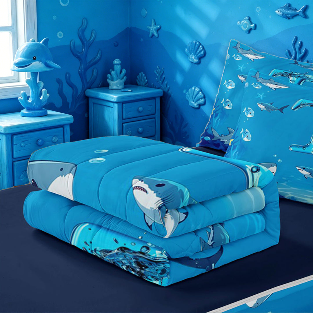 meiyoeat Water Themed Monogram T Zipper Full Size Comforter Sets with Fitted Sheet and 2 Pillowcases For Boys,Shark Ocean Initial Art Zipper Bedding Set,Navy Blue Reversible,4-Piece