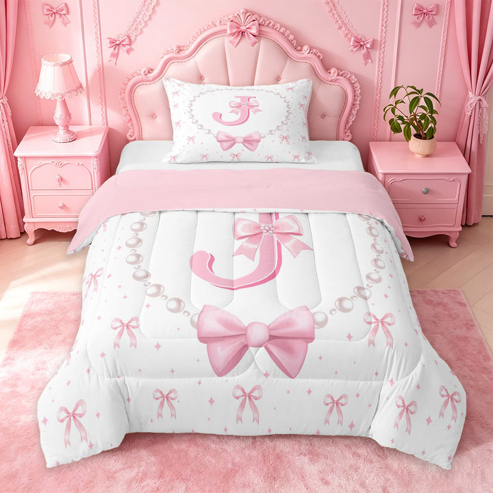 meiyoeat Pink Cute Bowknot Full Size Comforter Sets For Girls,Kawaii Bowtie Monogrammed J Bedding Comforter Set For Kids,Pink Reversible,3-Piece