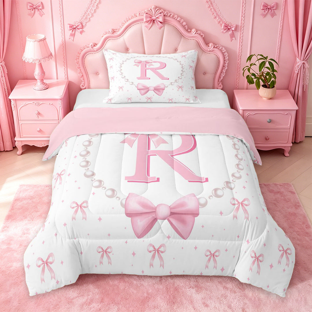 meiyoeat Fashion Women Pearl Necklace Full Size Comforter Sets,Girly Bowtie Monogrammed R Bedding Comforter Set For Kids,Pink Reversible,3pcs
