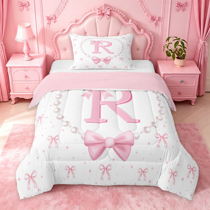meiyoeat Fashion Women Pearl Necklace Full Size Comforter Sets,Girly Bowtie Monogrammed R Bedding Comforter Set For Kids,Pink Reversible,3pcs