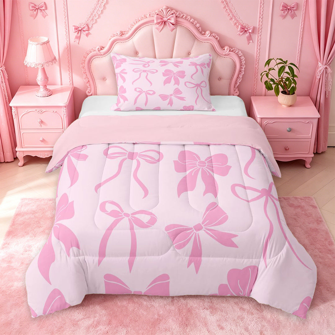 meiyoeat Pink Girly Bow Full Size Comforter Sets For Kids,Ribbon Bowknot Bedding Comforter Set For Bowtie Lovers,Pink Reversible,3-Piece
