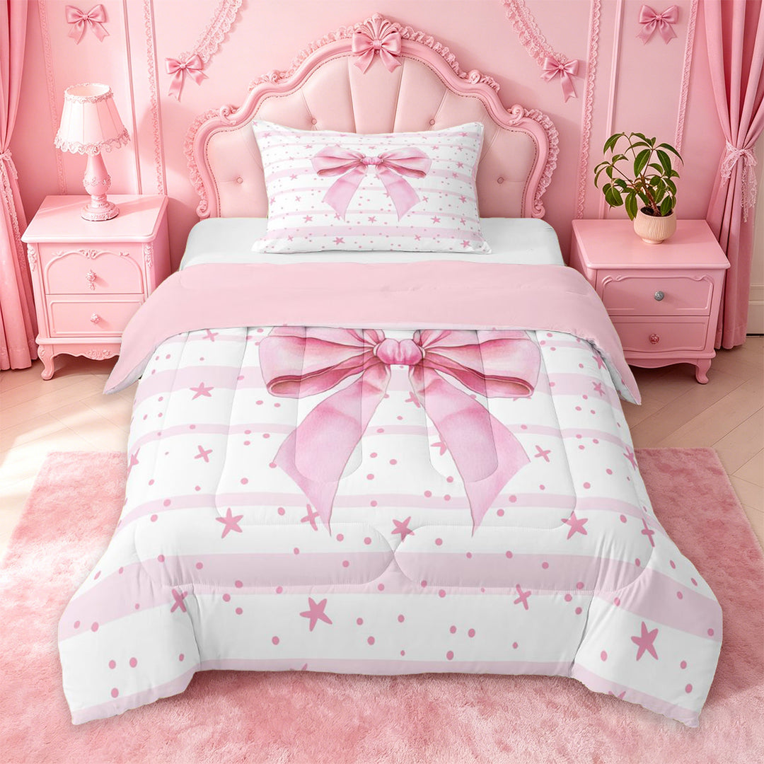 meiyoeat Pink Coquette Bow Full Size Comforter Sets For Girls,Cute Polka Dots Stars Bedding Comforter Set For Kids,Pink Reversible,3 Pieces