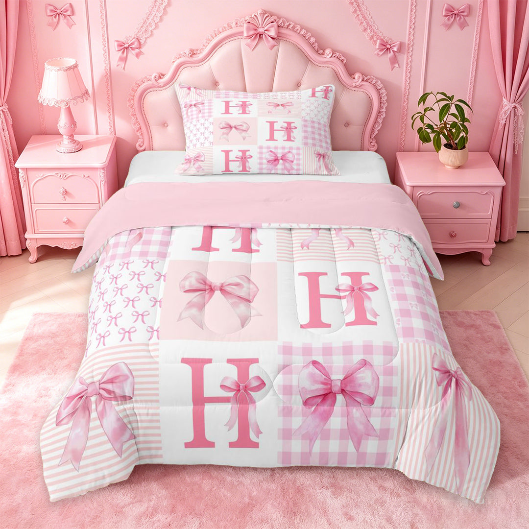 meiyoeat Modern Geometric Plaid Full Size Comforter Sets For Kids,Pink Coquette Bow Initial Letter H Bedding Comforter Set,Pink Reversible,3pcs