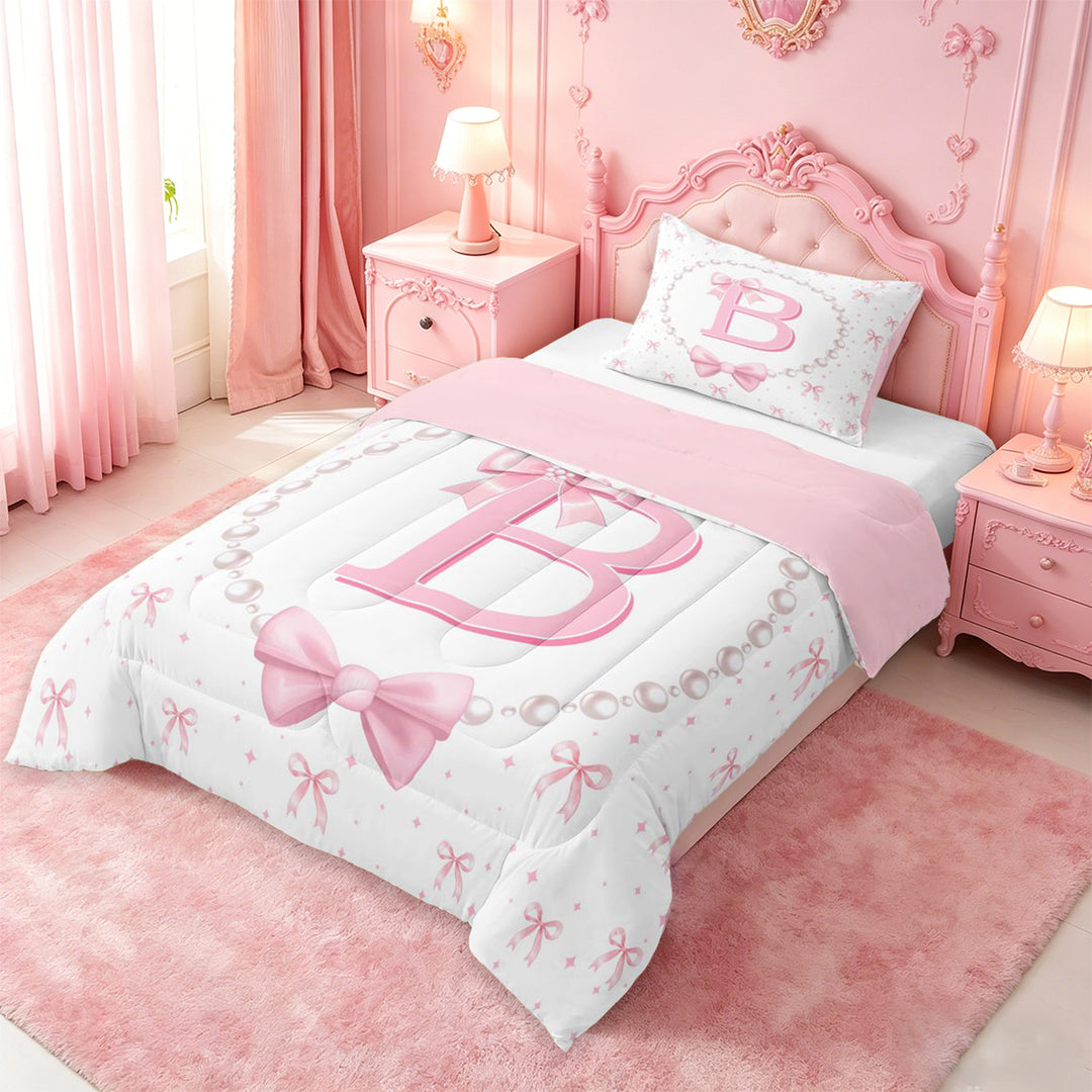 meiyoeat Modern Geometric Plaid Full Size Comforter Sets For Kids,Pink Coquette Bow Initial Letter H Bedding Comforter Set,Pink Reversible,3pcs