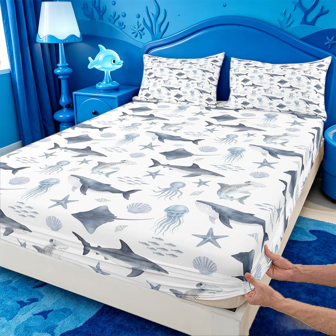 meiyoeat Soft Ocean Animal Bed Sheets For Boys,Shark Pattern Full Size Sheets,4-Piece,1 Flat Sheet,1 Fitted Sheet and 2 Pillowcases