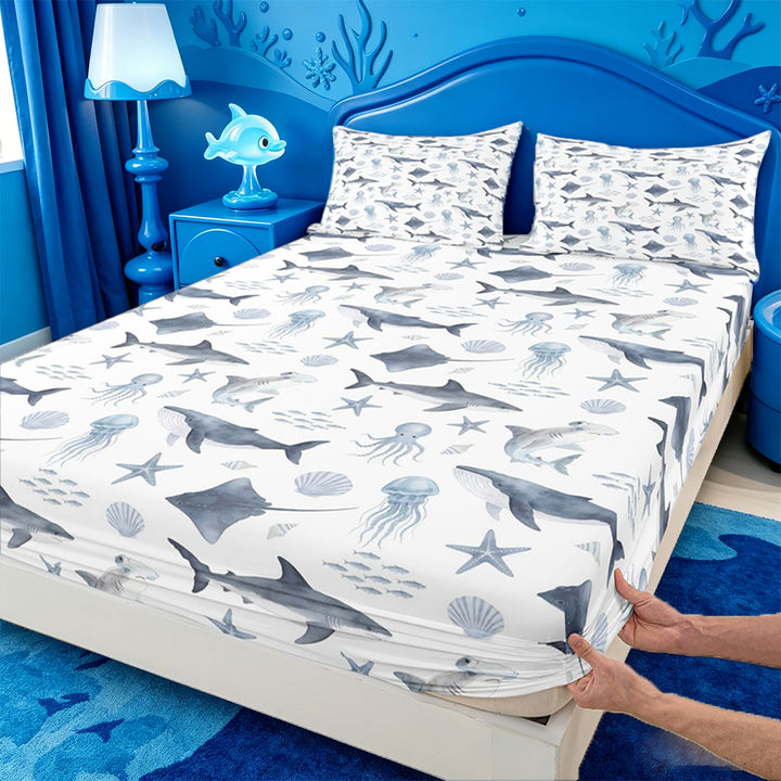 meiyoeat Soft Ocean Animal Bed Sheets For Boys,Shark Pattern Full Size Sheets,4-Piece,1 Flat Sheet,1 Fitted Sheet and 2 Pillowcases