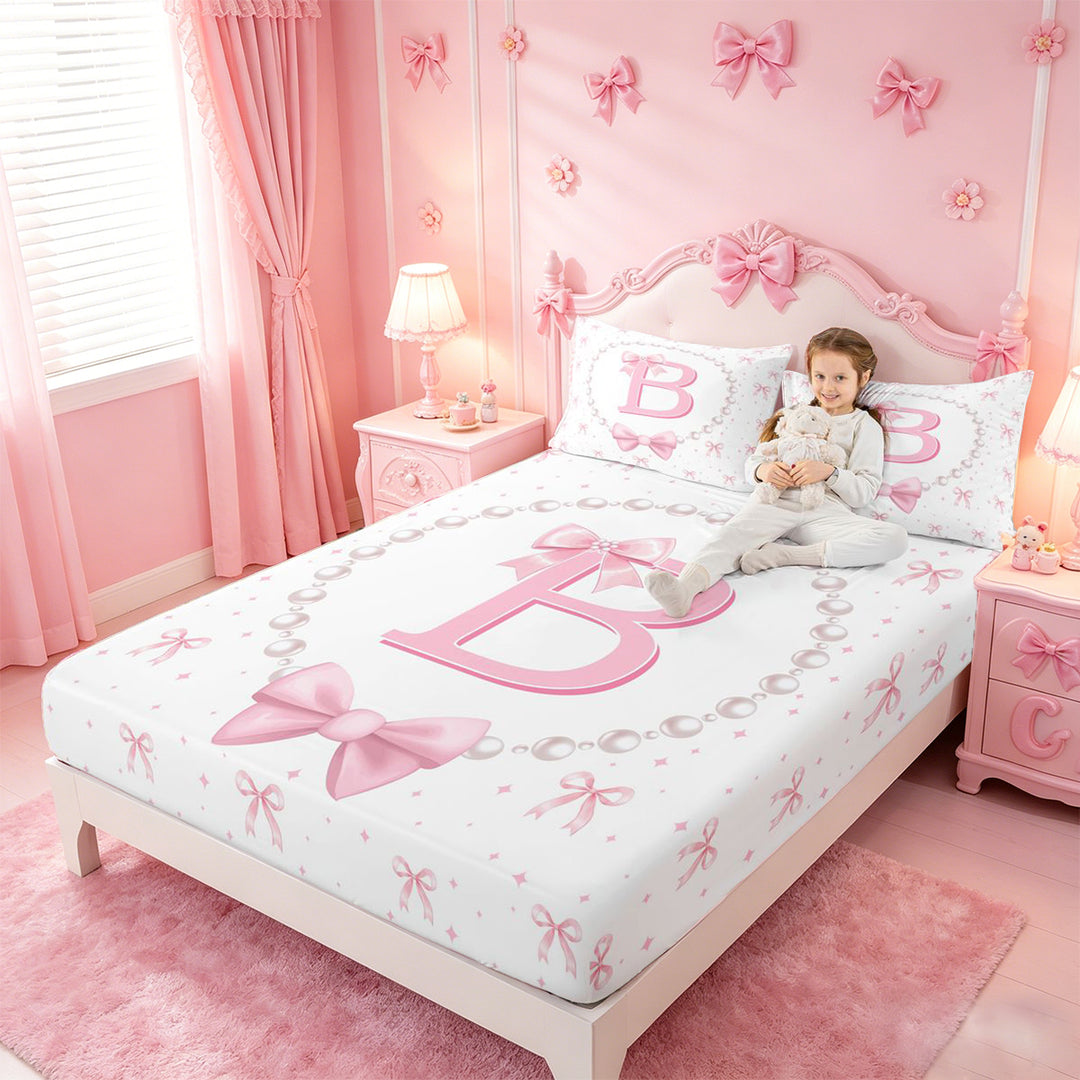 meiyoeat Bow Alphabet B Bed Sheets For Girls,Kids Pink Coquette Bowknot Full Size Sheets,4 Pieces
