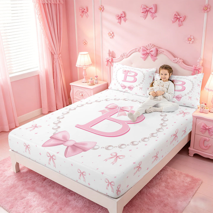 meiyoeat Bow Alphabet B Bed Sheets For Girls,Kids Pink Coquette Bowknot Full Size Sheets,4 Pieces