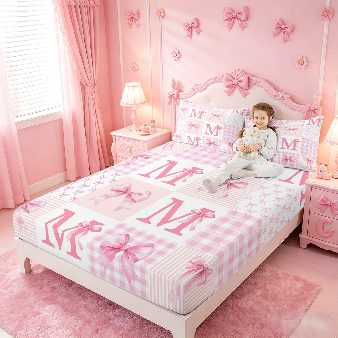 meiyoeat Pink Grid Bowknot Bed Sheets For Girls,Bow Initial Letter M Full Size Sheets For Kids,4-Piece