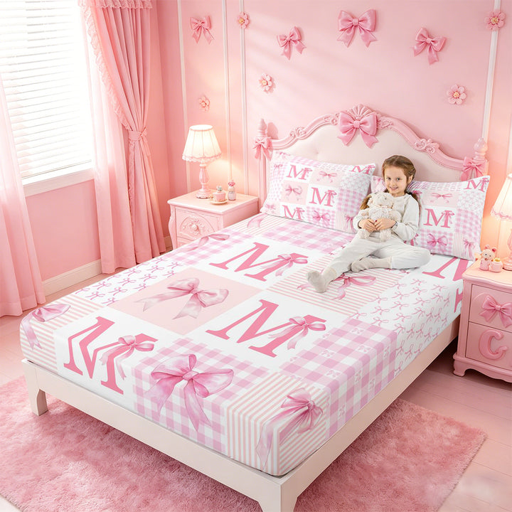meiyoeat Pink Grid Bowknot Bed Sheets For Girls,Bow Initial Letter M Full Size Sheets For Kids,4-Piece
