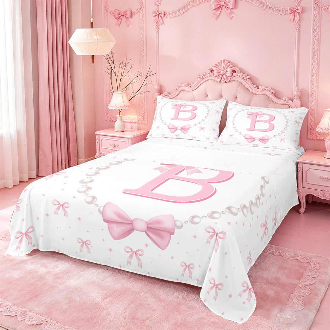 meiyoeat Bow Alphabet B Bed Sheets For Girls,Kids Pink Coquette Bowknot Full Size Sheets,4 Pieces