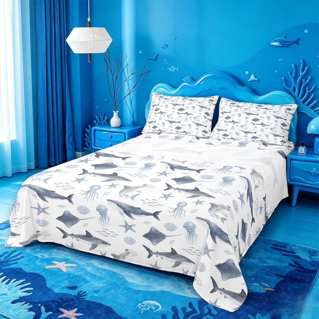 meiyoeat Soft Ocean Animal Bed Sheets For Boys,Shark Pattern Full Size Sheets,4-Piece,1 Flat Sheet,1 Fitted Sheet and 2 Pillowcases