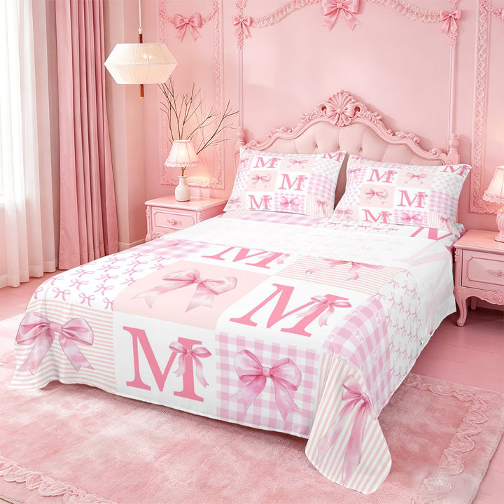 meiyoeat Pink Grid Bowknot Bed Sheets For Girls,Bow Initial Letter M Full Size Sheets For Kids,4-Piece