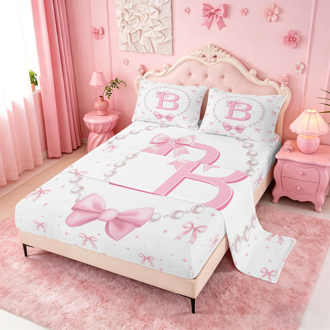 meiyoeat Bow Alphabet B Bed Sheets For Girls,Kids Pink Coquette Bowknot Full Size Sheets,4 Pieces