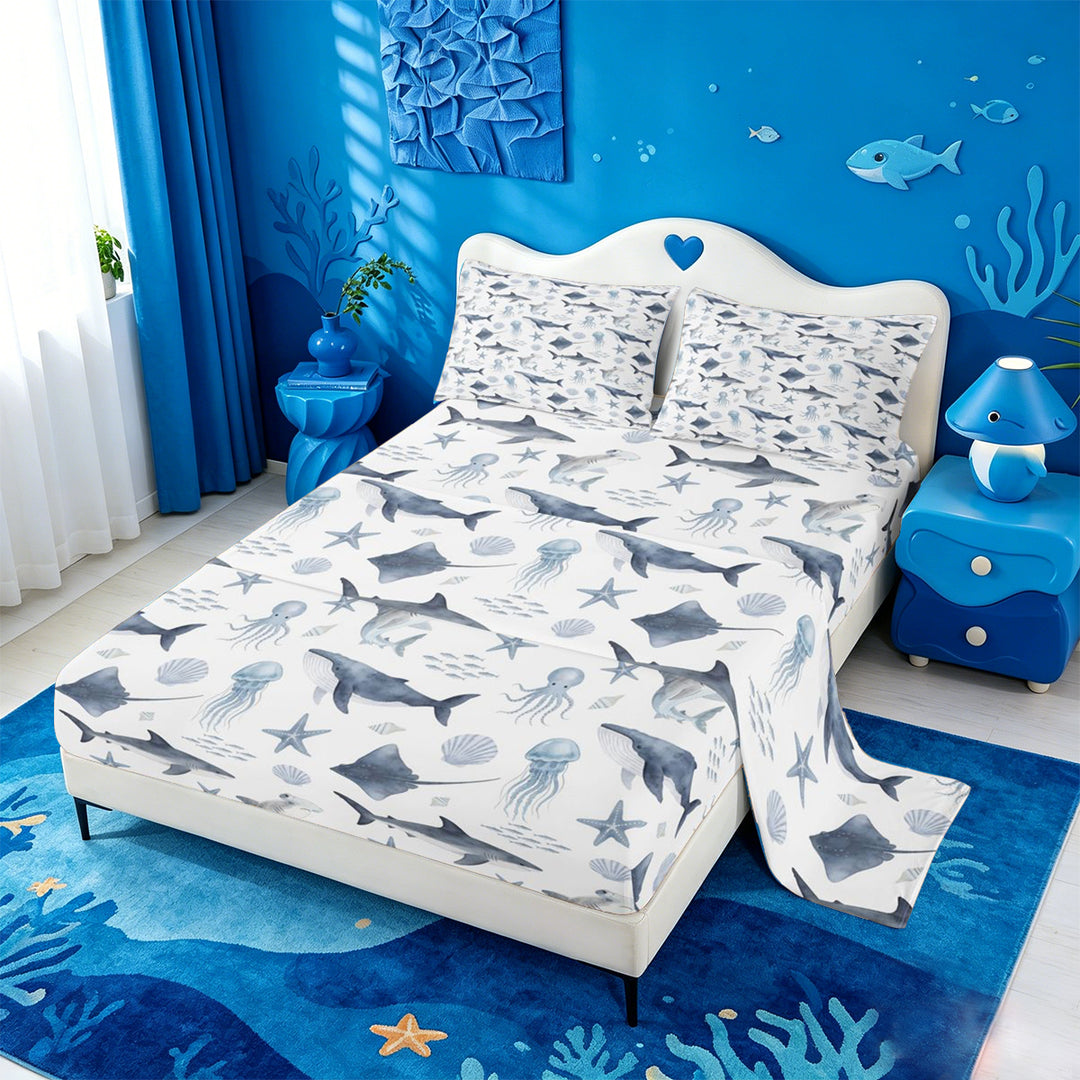 meiyoeat Soft Ocean Animal Bed Sheets For Boys,Shark Pattern Full Size Sheets,4-Piece,1 Flat Sheet,1 Fitted Sheet and 2 Pillowcases
