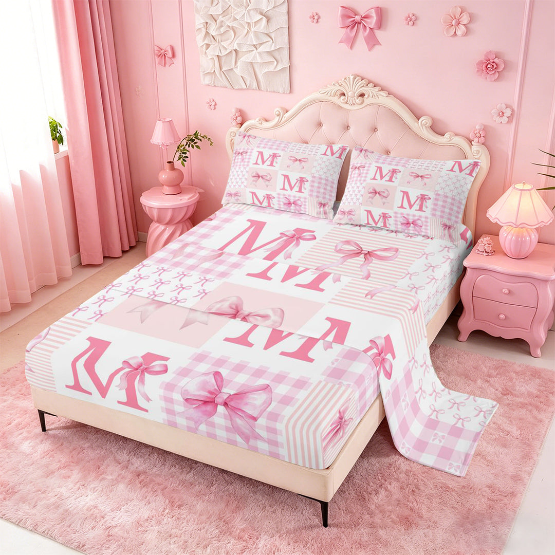 meiyoeat Pink Grid Bowknot Bed Sheets For Girls,Bow Initial Letter M Full Size Sheets For Kids,4-Piece