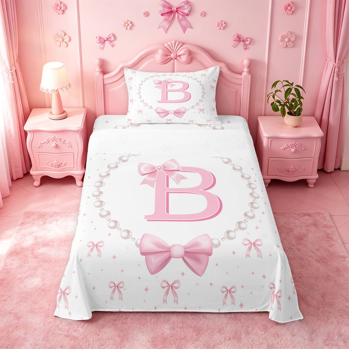 meiyoeat Bow Alphabet B Bed Sheets For Girls,Kids Pink Coquette Bowknot Full Size Sheets,4 Pieces