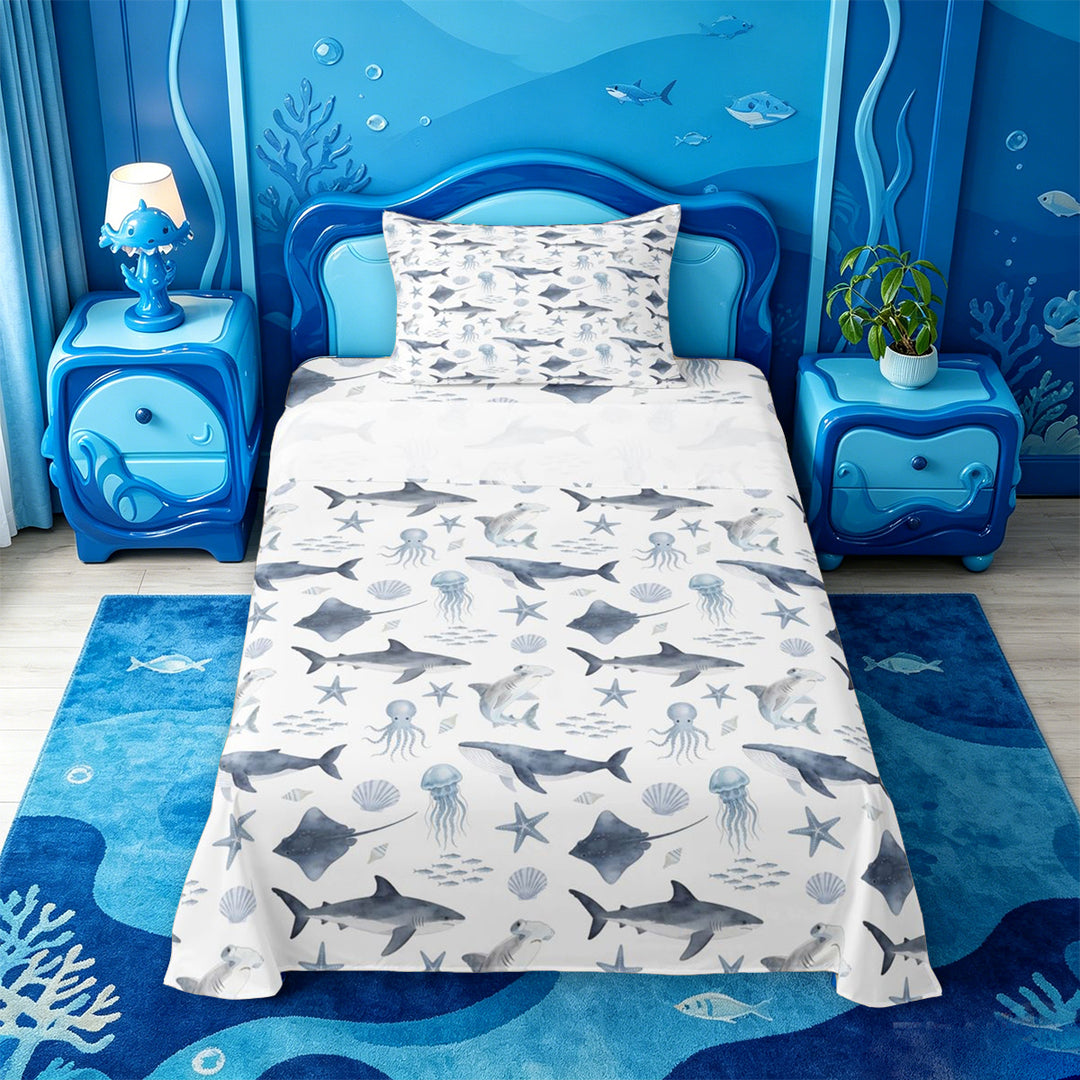 meiyoeat Soft Ocean Animal Bed Sheets For Boys,Shark Pattern Full Size Sheets,4-Piece,1 Flat Sheet,1 Fitted Sheet and 2 Pillowcases