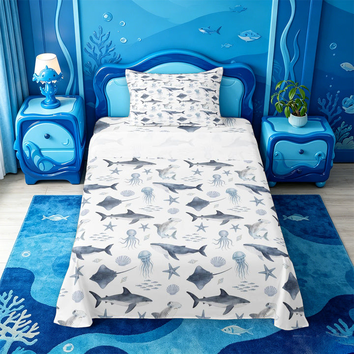 meiyoeat Soft Ocean Animal Bed Sheets For Boys,Shark Pattern Full Size Sheets,4-Piece,1 Flat Sheet,1 Fitted Sheet and 2 Pillowcases